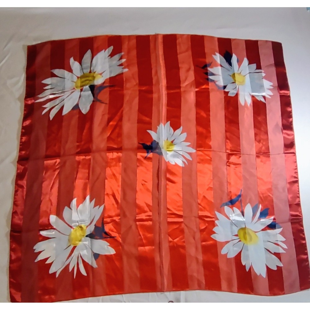 Extra Large Red Floral Daisy Scarf Square Semi Sheer